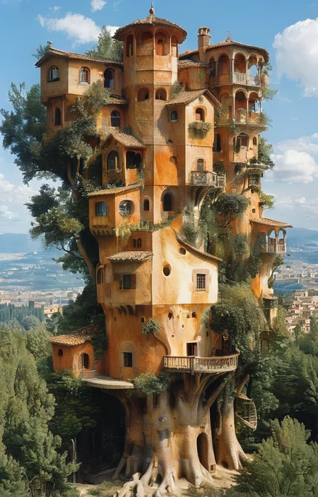 masterpiece,best quality,<lora:tbh302-sdxl:0.9>,illustration,designed by Filippo Brunelleschi Whimsical treehouse complex in a lush forest, channeling the spirit of Antoni Gaudí