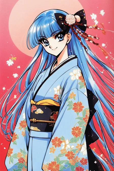 Ryuuzaki Umi,1girl,japanese clothes,solo,kimono,blue hair,blue eyes,long hair,retro artstyle,1990s \(style\),hair bow,bow,smile,closed mouth,sash,obi,blue kimono,<lora:Magic knight Rayearth_XL:0.8>,