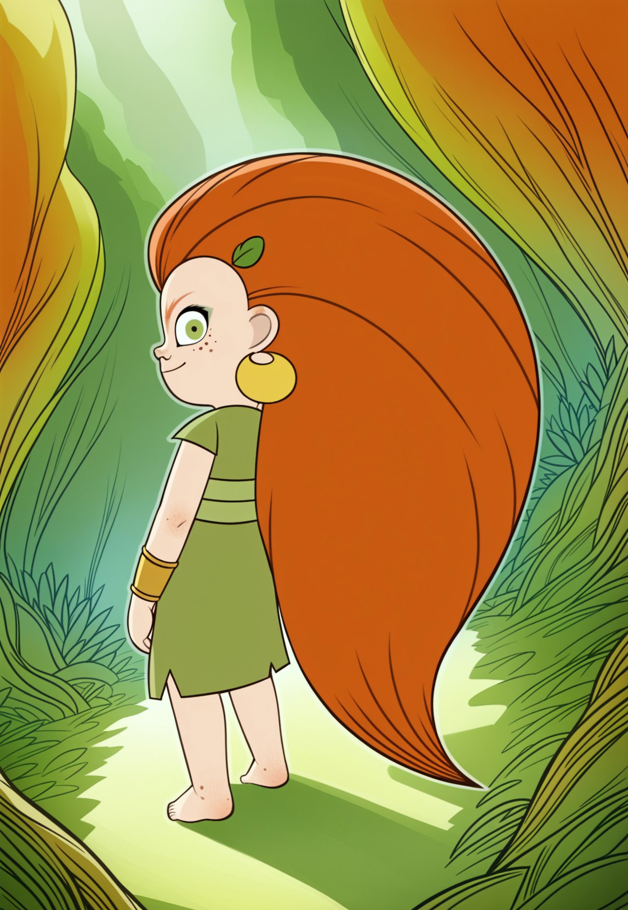 (zPDXL3), full body, solo, 1girl, best quality, 1girl, solo, mebh_human, green eyes, long hair, orange hair, earrings, barefoot, earrings, jewelry, leaf, freckles,  looking at viewer, from behind, smile, dynamic pose, outdoors, forest, dynamic angle 