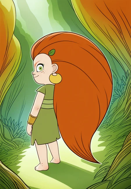 (zPDXL3), full body, solo, 1girl, best quality, 1girl, solo, mebh_human, green eyes, long hair, orange hair, earrings, barefoot, earrings, jewelry, leaf, freckles,  looking at viewer, from behind, smile, dynamic pose, outdoors, forest, dynamic angle 