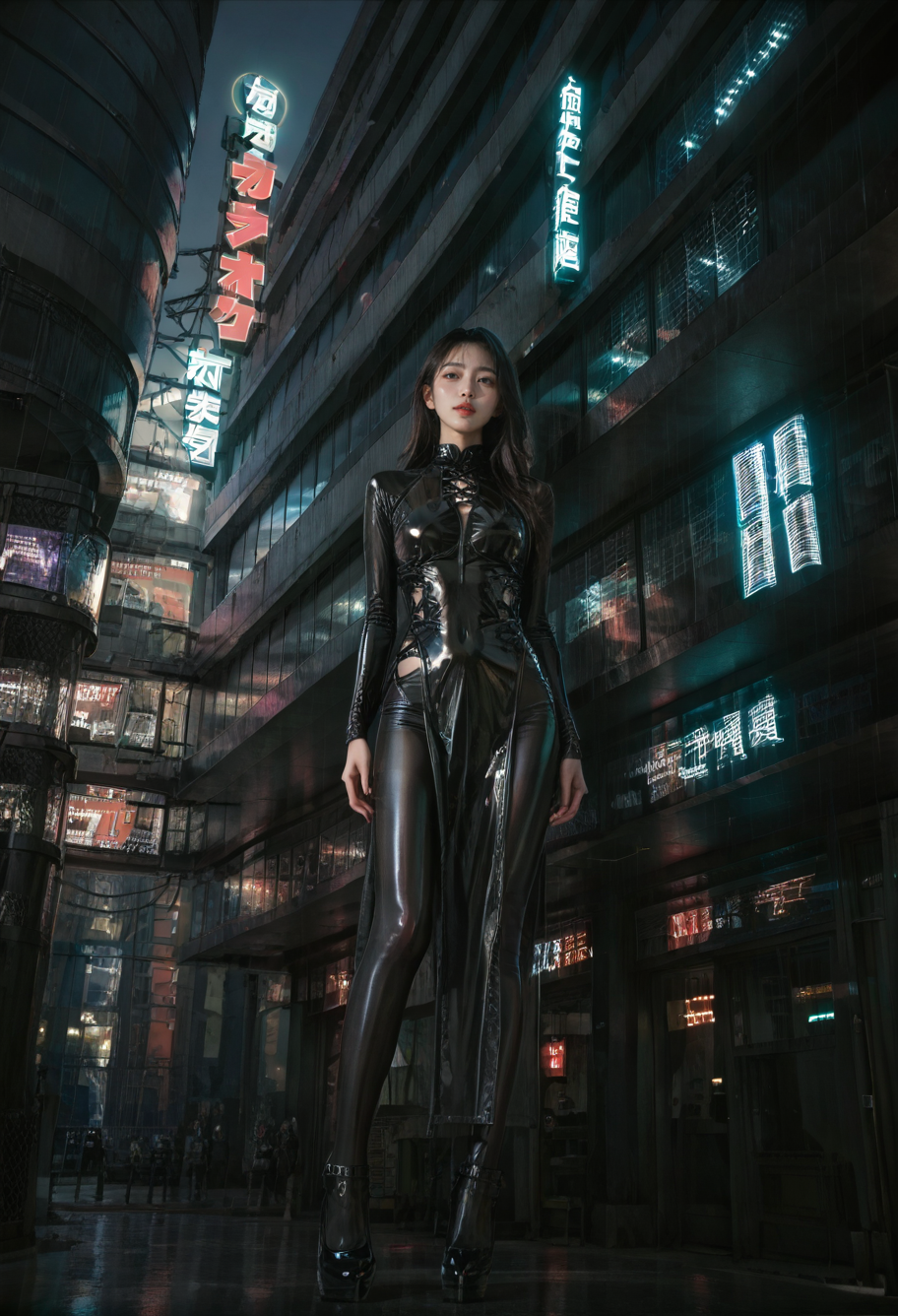,ruanyi0887,skyscraper,outdoors,night,neon lights,,ruanyi0849,black bodysuit,black dress,latex bodysuit,side slit,see-through,pelvic curtain,cross-laced clothes,pantyhose,1girl,solo,<lora:0887 Commercial street at night_v1_pony:1>,<lora:0849 black cheongsam v2_pony:0.7>, score_9,score_8_up,score_7_up,,8k,1girl,solo,,