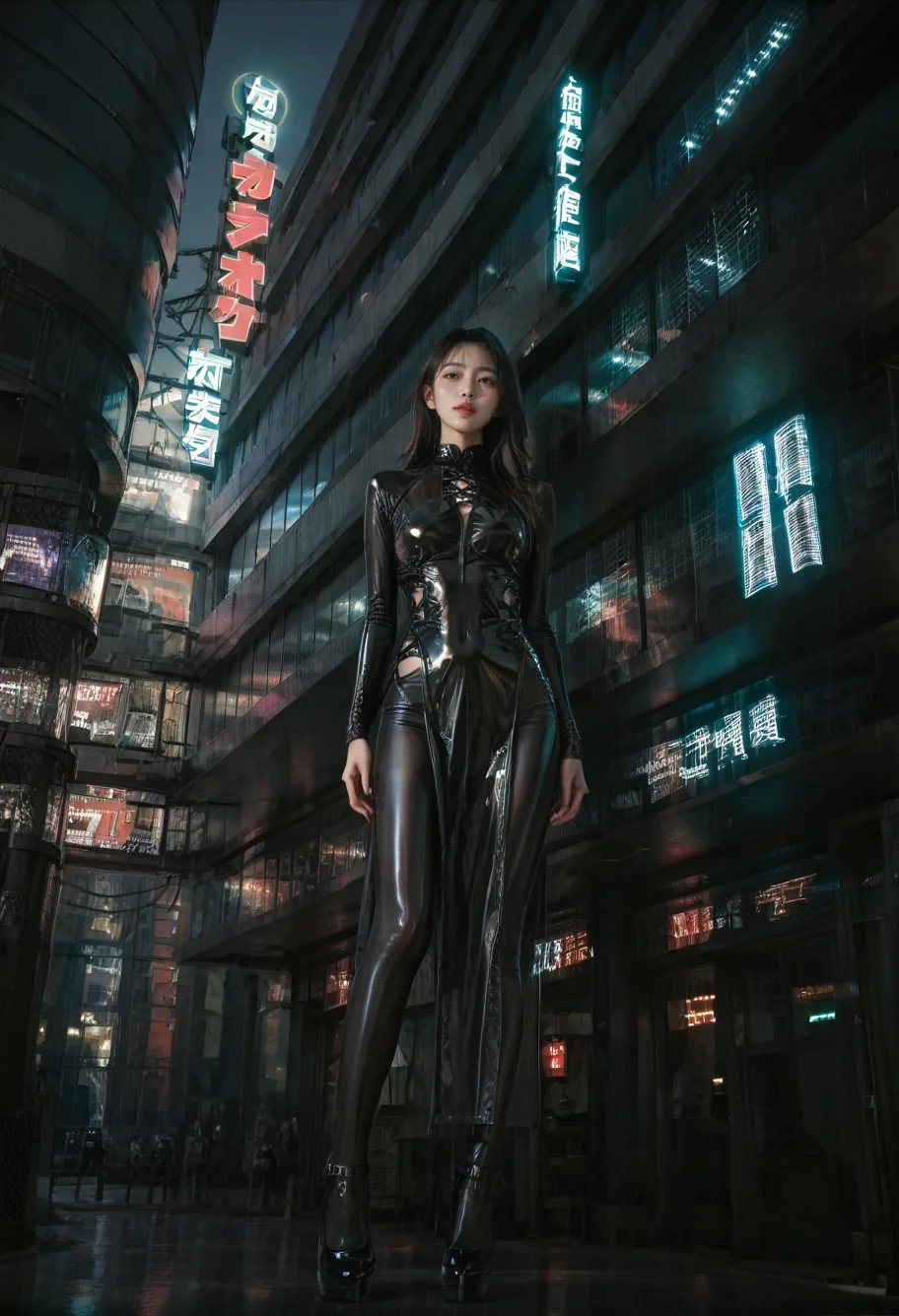 ,ruanyi0887,skyscraper,outdoors,night,neon lights,,ruanyi0849,black bodysuit,black dress,latex bodysuit,side slit,see-through,pelvic curtain,cross-laced clothes,pantyhose,1girl,solo,<lora:0887 Commercial street at night_v1_pony:1>,<lora:0849 black cheongsam v2_pony:0.7>, score_9,score_8_up,score_7_up,,8k,1girl,solo,,