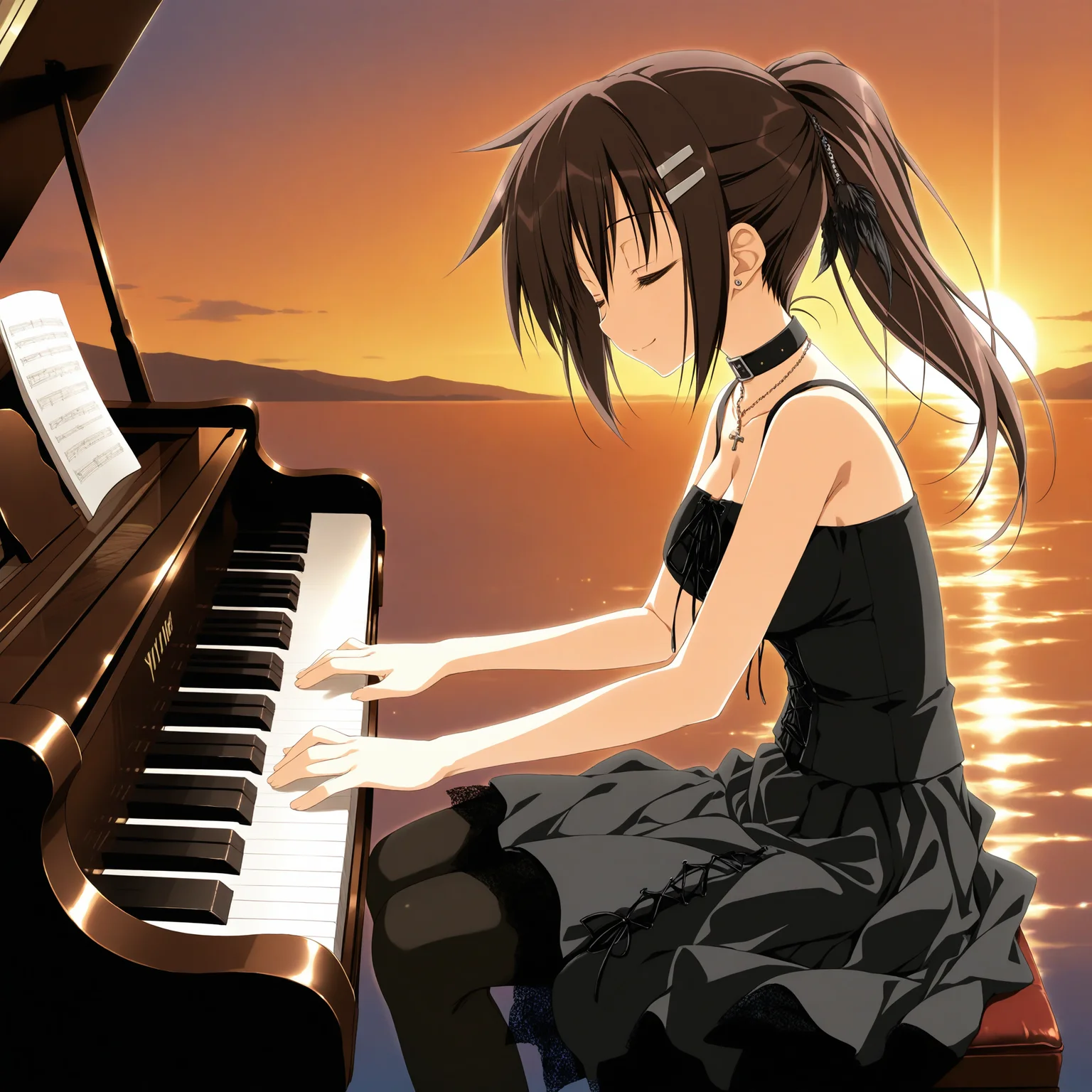 <lora:Minakami_Yuki_1_nai-000047:1>,Minakami Yuki,ponytail,hairclip,hair ornament,
black dress,goth fashion,jewelry,choker,black pantyhose,bare shoulders,necklace,black theme,
1girl,solo,from side,smile,closed eyes,sitting,playing piano,grand piano,simple background,sunset,on liquid,