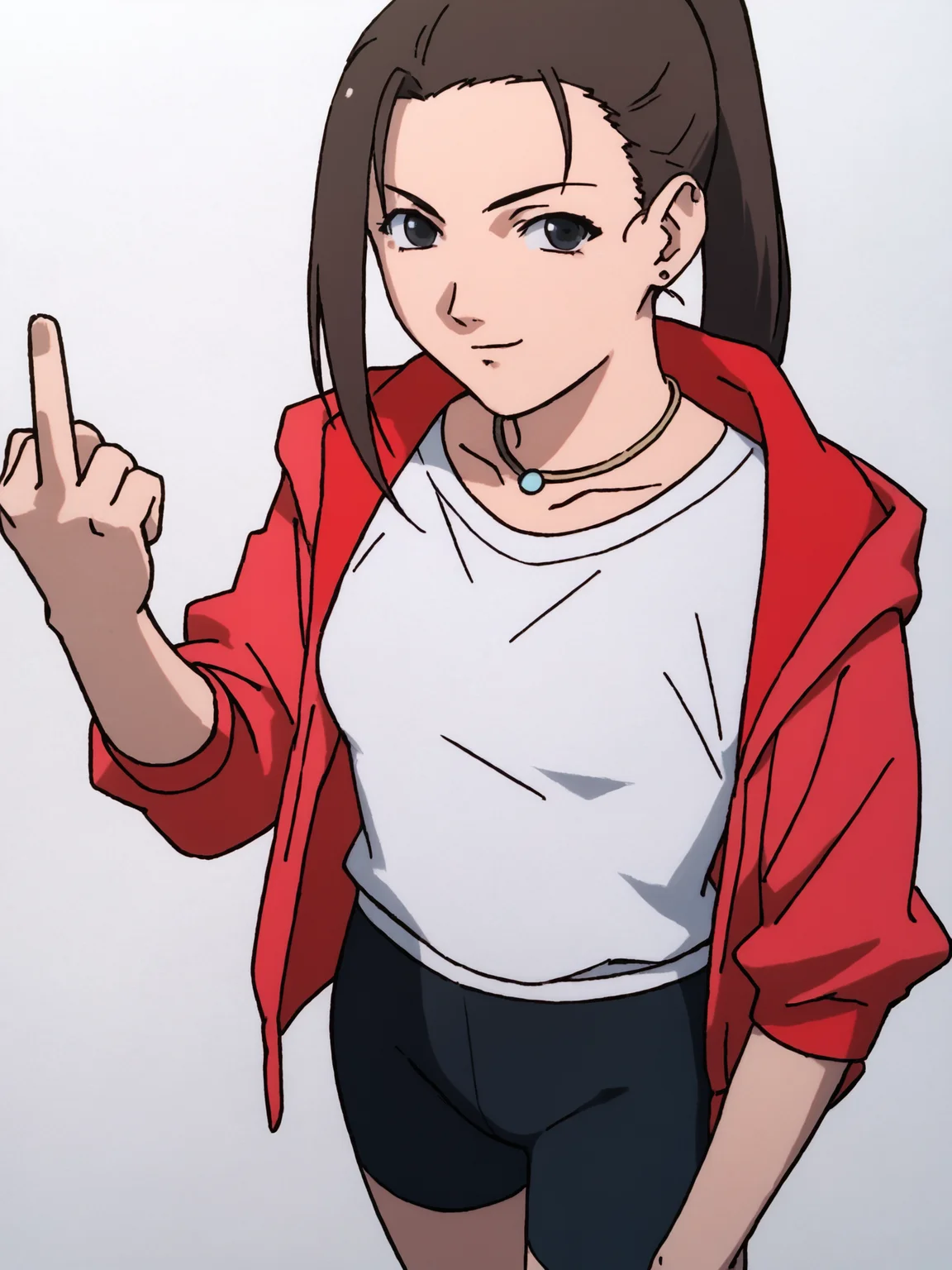 woman, 20 y/o, 20 year old woman, score_7_up, score_8_up, score_9, BREAK masterpiece, perfect hands, high quality, white background, <lora:Iwakura_Mika_PDXLv0b:0.7> iwakura mika, red hoodie, white shirt, necklace, ponytail, black bike shorts, v, middle finger:1.2,