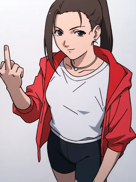woman, 20 y/o, 20 year old woman, score_7_up, score_8_up, score_9, BREAK masterpiece, perfect hands, high quality, white background, <lora:Iwakura_Mika_PDXLv0b:0.7> iwakura mika, red hoodie, white shirt, necklace, ponytail, black bike shorts, v, middle finger:1.2,