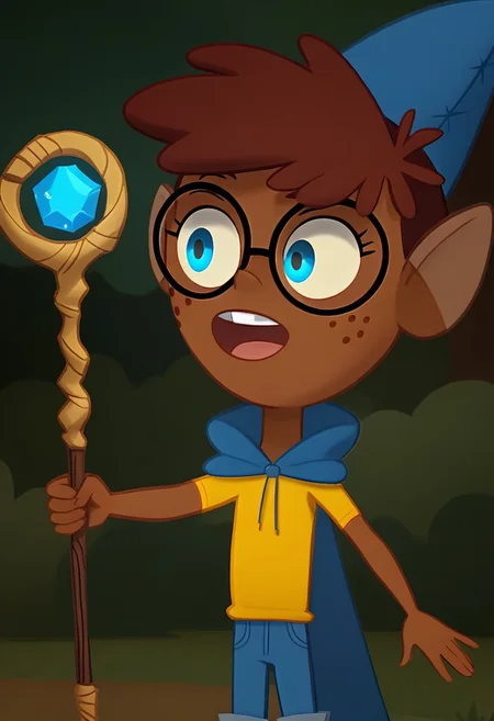 score_9, score_8_up, score_7_up, solo, 1girl, black glasses, reddish-brown hair, blue eyes, brown skin, freckles, , tiny_breast, outdoors, forest background, yellow wizard outfit,  holding magic staff, , perfect hands, glowing eyes, messy, blue cap, blue cloke,  dark blue jeans, and blue boots with brown trim , show accurate, perfect hands, perfect anatomy,