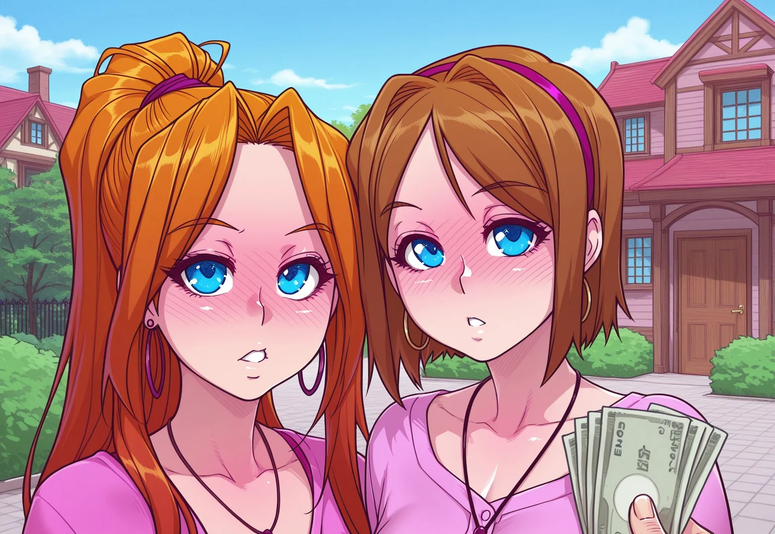 2girls, side-by-side, _chlo3_curr3y_, _sidn3y_sw4nson_, brown hair, blush, short hair, earrings, jewelry, hoop earrings, orange hair, blush, long hair, necklace, denim, denim shorts, skirt, bag, hairband, ponytail, hoop earrings,
{{masterpiece, best quality, perfect face,}}, {{{{outside, sky, outdoors, cloud, blue sky, day, window, building, tree, scenery, door, fence, house, bush}}}}, {{{absurdres, HDR, extremely details CG,}}},
melkor_bt_style,
portrait,
pov, 1boy, hand wid money, offering money to the girls,