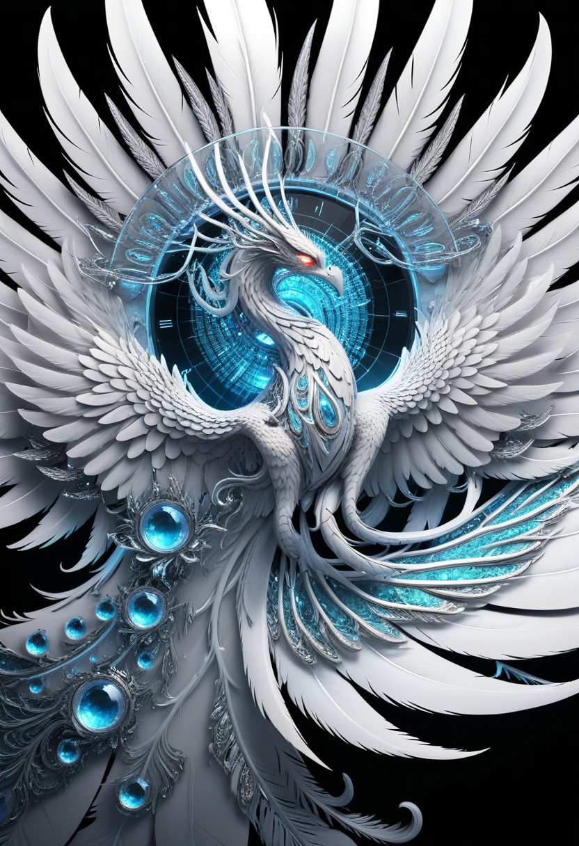 masterpiece, (best quality), official art, extremely detailed cg 8k wallpaper, ((crystalstexture skin)), (extremely delicate and beautiful), highly detailed, WhiteMold, futuristic phoenix, 3D-printed feather plates, translucent crystalline texture, emerging from liquid resin, glowing eyes, cyber-mythology