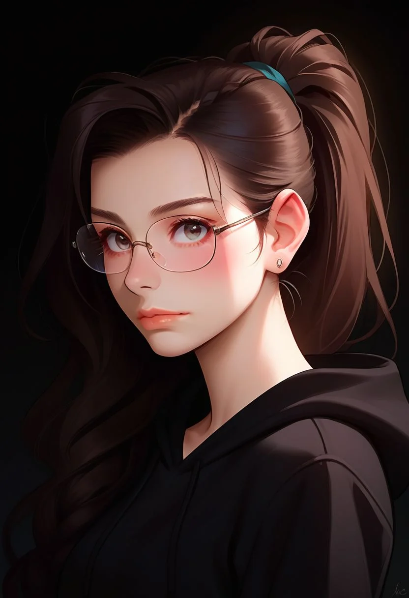 score_9, score_8_up, score_7_up, perfect eyes, Perfect Hands, Good anatomy, good proportions, common sense, perfect face, drkms, Expressiveh,detail1eye, DarkFantasy.
1 female, female (straight hair, high ponytail, thin round glasses, skinny, cute face, latina, light skin, black hoodie, small frame, tied hair)