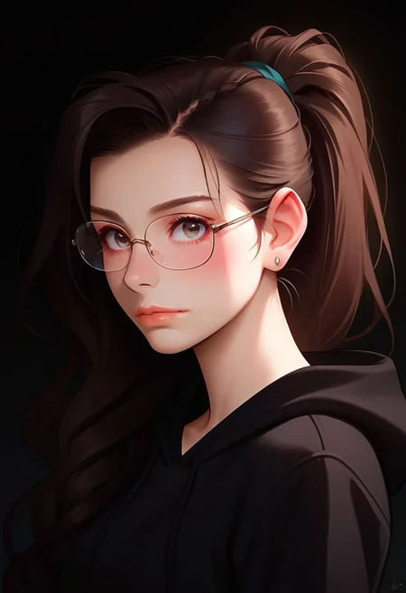 score_9, score_8_up, score_7_up, perfect eyes, Perfect Hands, Good anatomy, good proportions, common sense, perfect face, drkms, Expressiveh,detail1eye, DarkFantasy.
1 female, female (straight hair, high ponytail, thin round glasses, skinny, cute face, latina, light skin, black hoodie, small frame, tied hair)