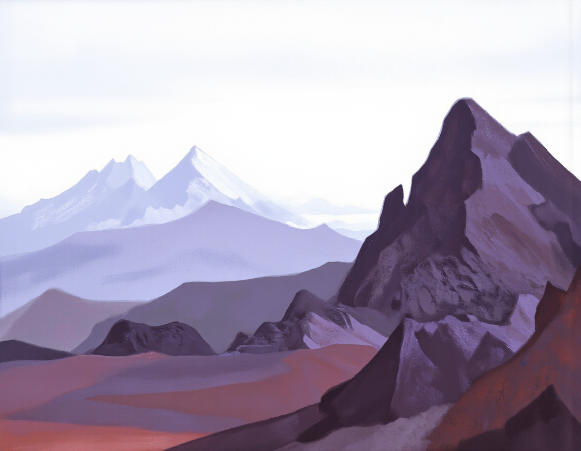 <lora:rerikh:1>, This image is a digital painting that captures a serene, minimalist landscape. The foreground features a rugged, dark purple mountain range with jagged edges and rough textures, dominating the right side of the image. The mountain's surface is textured with a mix of dark and light shades, creating a sense of depth and shadow. Below the mountain, there is a patch of reddish-brown ground, adding a contrasting color., 
In the mid-ground, the landscape transitions into a series of smaller, more rounded mountains that are colored in lighter shades of purple and blue. These peaks are less defined and less prominent than the main mountain, but their presence adds to the depth of the scene., 
In the background, the horizon is marked by a series of towering white and light blue mountains, suggesting snow-capped peaks. The sky above is a gradient of soft, muted colors, transitioning from a light blue at the horizon to a pale, almost white color at the top of the image, creating a sense of vastness and openness., 
The overall style of the painting is minimalist and abstract, with a focus on shapes, colors, and textures rather than detailed realism. The image evokes a sense of calm and solitude, with a tranquil, almost ethereal quality.
