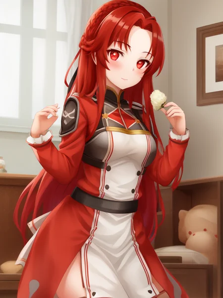 1girl, tiese, red eyes, red hair, solo, portrait, looking at viewer, best quality, high quality, highly detailed, highres, masterpiece, <lora:tiese:0.8>