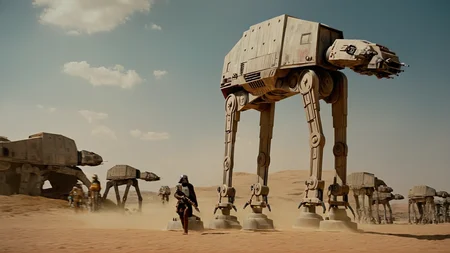 cinematic film still of <lora:star wars style v2:0.8>
<lora:detailed:0.4> detailed
<lora:perfection style:0.4> perfect
<lora:PerfectEyesXL:0.5>
<lora:Chiaroscuro Lighting Style:0.3>
In Star Wars Fictional universe Jakku a star wars scene with a giant at - at and a group of people,in star wars style,sky,cloud,no humans,robot,scenery,mecha,science fiction,realistic,spacecraft,desert,dust,non-humanoid robot , cinematic, film, detailed background, motion picture style, different style, different people, space opera, realistic, sci fi style, cinematic light, dramatic light, perfect color, perfect scene, star wars style, shallow depth of field, vignette, highly detailed, high budget, bokeh, cinemascope, moody, epic, gorgeous, film grain, grainy