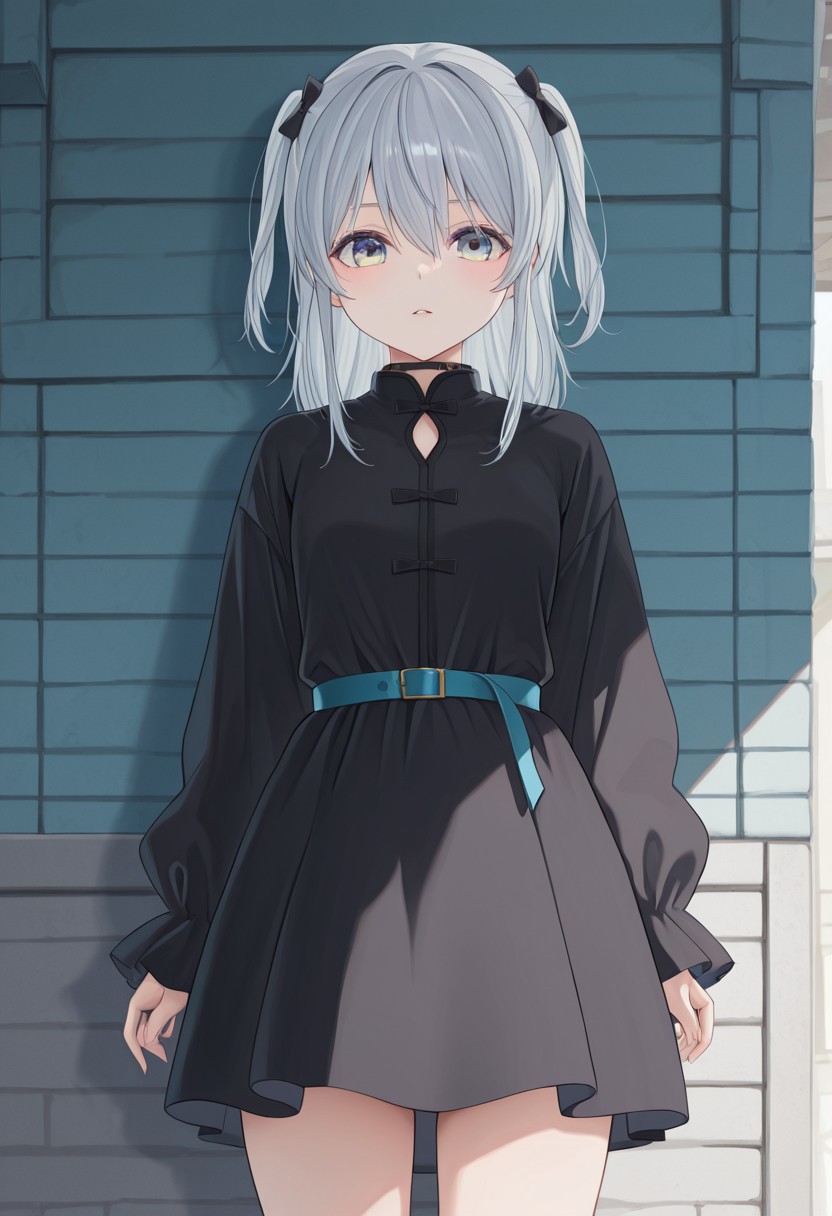 1girl,Nekomugi_Tororo,black bow ,grey hair ,twintails hair between eyes,blue eyes,looking at viewer,cowboy shot,black dress,
masterpiece, best quality, highres, absurdres, day,
