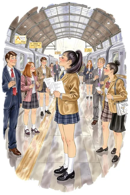 d0sn Illustration.
Profile of a high school student in uniform, white socks and black shoes, standing in the middle of a train station, holding two acceptance letters--one for a local college and the other for an overseas university. The station is bustling with people moving in every direction, while she stands still, eyes closed, taking a deep breath as she tries to decide which future to follow <lora:d0sn_illus1_fl_d6a3:1.0> <lora:Flux-Sch-SingleBlocks-BF16:1.0><lora:803576969636778707:0>