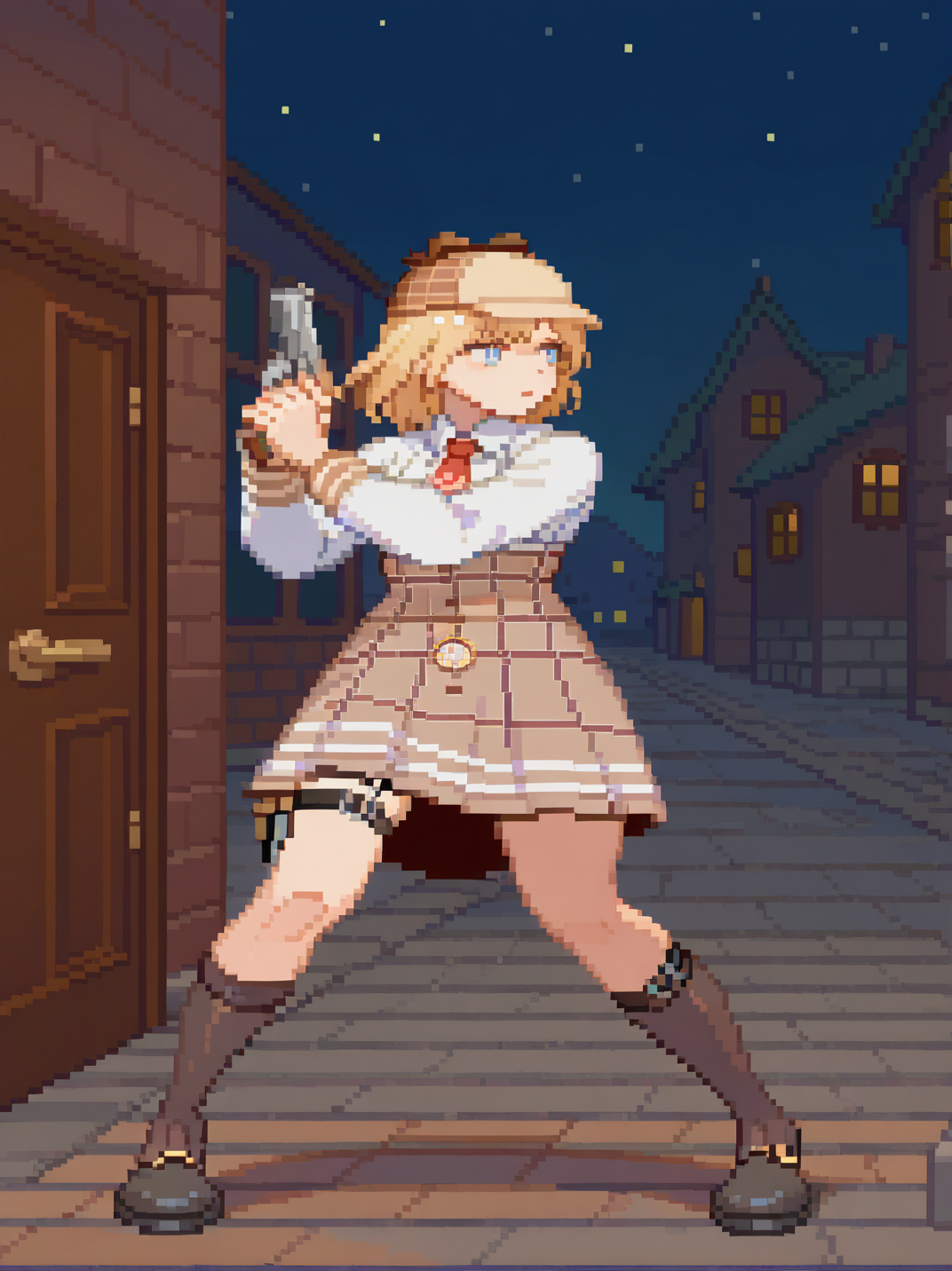 1girl, (watson amelia \(1st costume\):1.1),, outdoors, (night, town, door:1.1),, looking away,
front, (fighting stance:1.1), open legs, standing, holding gun, detailed background, dynamic pose, full body, portrait, dynamic pose,
 <lora:ASF3_style:1.2>,, SF3XL,