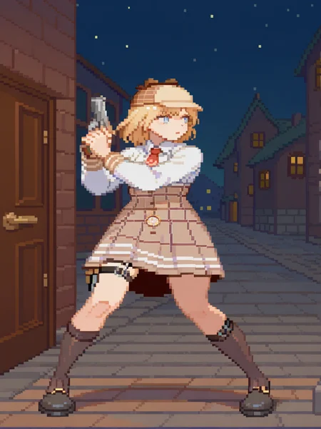1girl, (watson amelia \(1st costume\):1.1),, outdoors, (night, town, door:1.1),, looking away,
front, (fighting stance:1.1), open legs, standing, holding gun, detailed background, dynamic pose, full body, portrait, dynamic pose,
 <lora:ASF3_style:1.2>,, SF3XL,