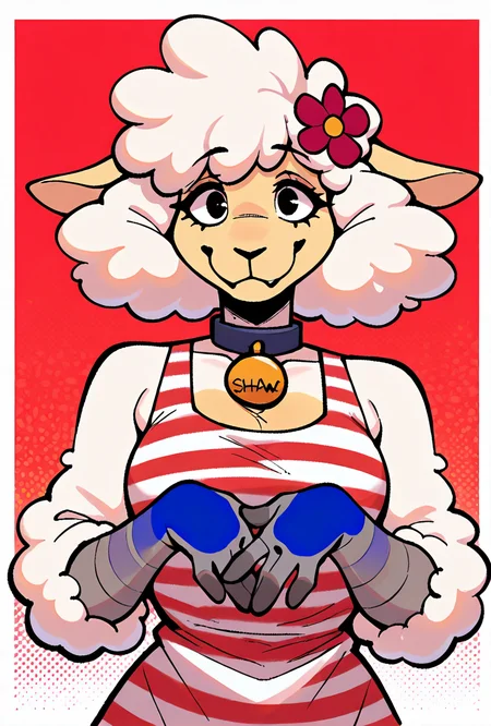 <lora:shawf-10:1> shawf, 1girl, solo, white hair, furry female, smile, hair ornament, animal ears, hair flower, sheep girl, neck bell, Red  striped dress,  grey hands, Red background, masterpiece, best quality, amazing quality, very aesthetic, absurdres, newest,, upper body, halftone effect, white borders, abstract background:1.2,