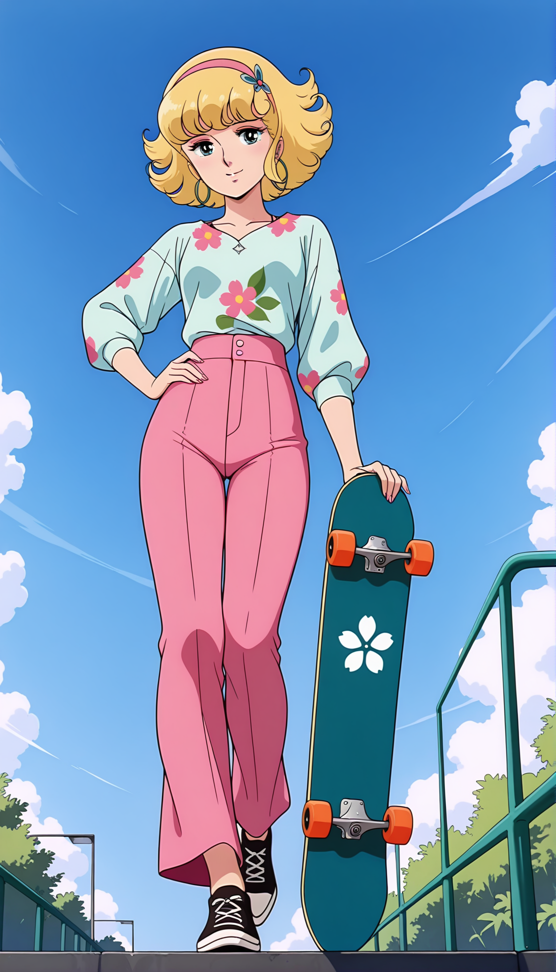 masterpiece,best quality,amazing quality,luluill,1girl,solo,1970s \(style\),retro artstyle,blonde hair,short hair,curly hair,blue eyes,jewelry,skateboard,earrings,pants,hairband,pink pants,sky,smile,long sleeves,full body,blue sky,floral print,looking at viewer,floating hair,pink hairband,day,shirt,hoop earrings,from below,<lora:luluill:0.8>,