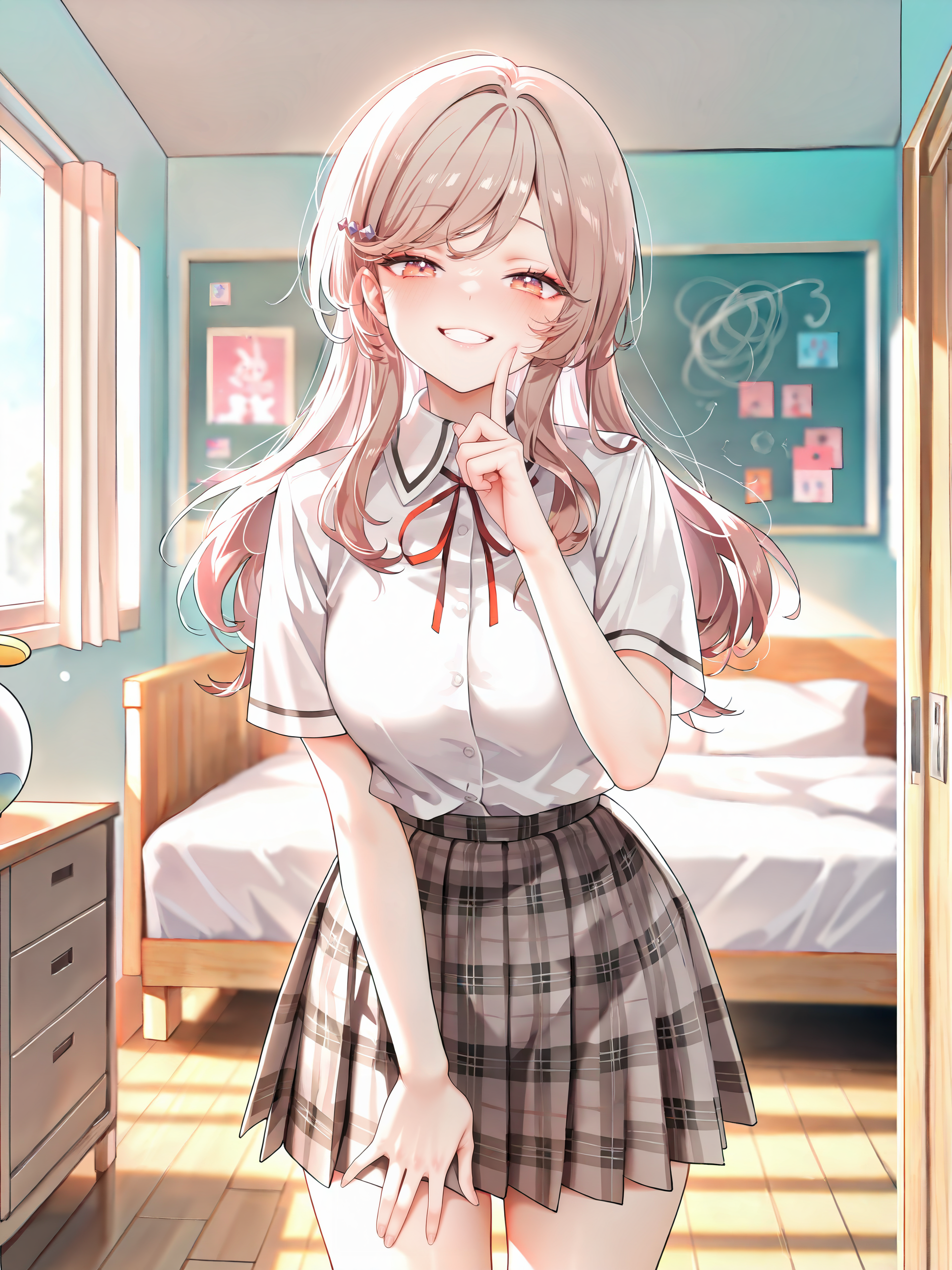 1girl, sena ajisai, hairclip, solo, school uniform, pleated skirt, plaid skirt, white collared shirt, neck ribbon, looking at viewer, seductive smile, ecstasy, gasping, finger to cheek, standing, cowboy shot, bedroom, indoors, blurry background , <lora:Char-Sena_Ajisai-V1-IL:0.9>
masterpiece, best quality, amazing quality, very aesthetic, absurdres, perfect features, intricate details, <lora:XL-detailed_notrigger:1:hr=0.5>,(artist:zuizi:1.10), artist:taitai, artist:chen bin, (tianliang duohe fangdongye:0.91)