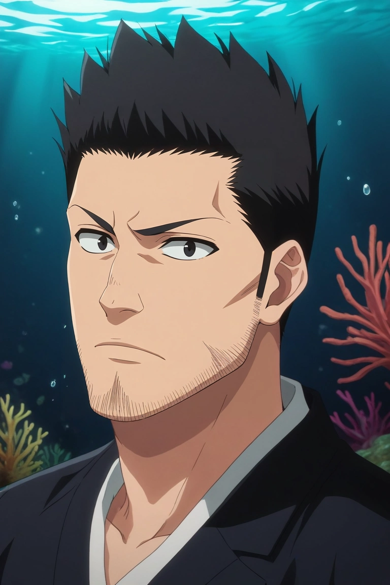 score_9, score_8_up, score_7_up, source_anime, rating_safe, intricate details, (3d:0.4), looking at viewer, 1boy, solo, male focus, <lora:isshin_kurosaki_pony:0.96>, isshin_kurosaki, black hair, black eyes, short hair, spiked hair, facial hair, stubble, beard, underwater cave, coral formations, bioluminescent walls, hidden treasures, exploring pose, curious expression, aqua glow, , <lora:sdxl_lightning_8step_lora:1>
