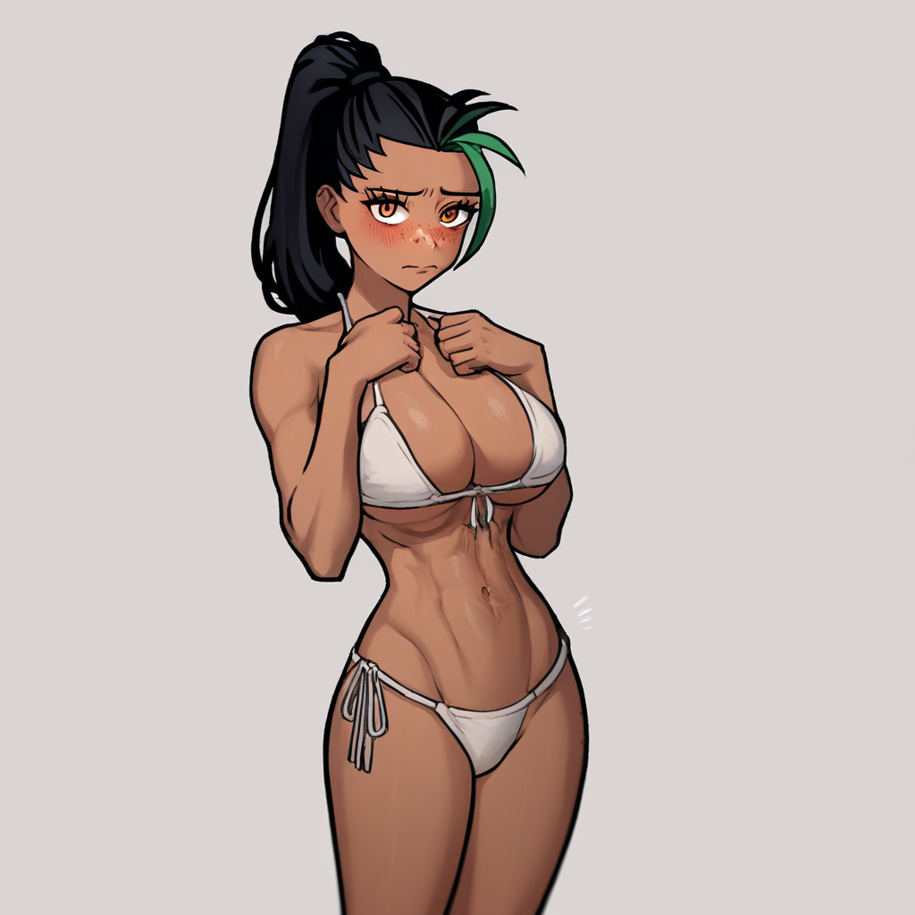 score_9, score_8_up, score_7_up, source_anime, expressive, anime, (4k4bur5tyl3:1.2), Artist speedlines, dynamic, 1girl, (nemona), streaked hair, ponytail, orange eyes, milf, aged up, curvy, fit, dark skin, (white bikini), large breasts, skinny, thick thighs, navel, standing, shy, blush, blushing, embarrassed, sensual, horny, longing, looking at viewer, source_hentai, simple background