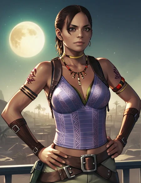 score_9, score_8_up, score_7_up, score_6_up, score_5_up, score_4_up, source_anime, realistic, photoshop \(medium\), <lora:RE5_t2-000008-128:1.0> 1girl, Sheva Alomar, tattoo, hands on hips, solo
, outdoors, africa, darkness, dark, at night, moon