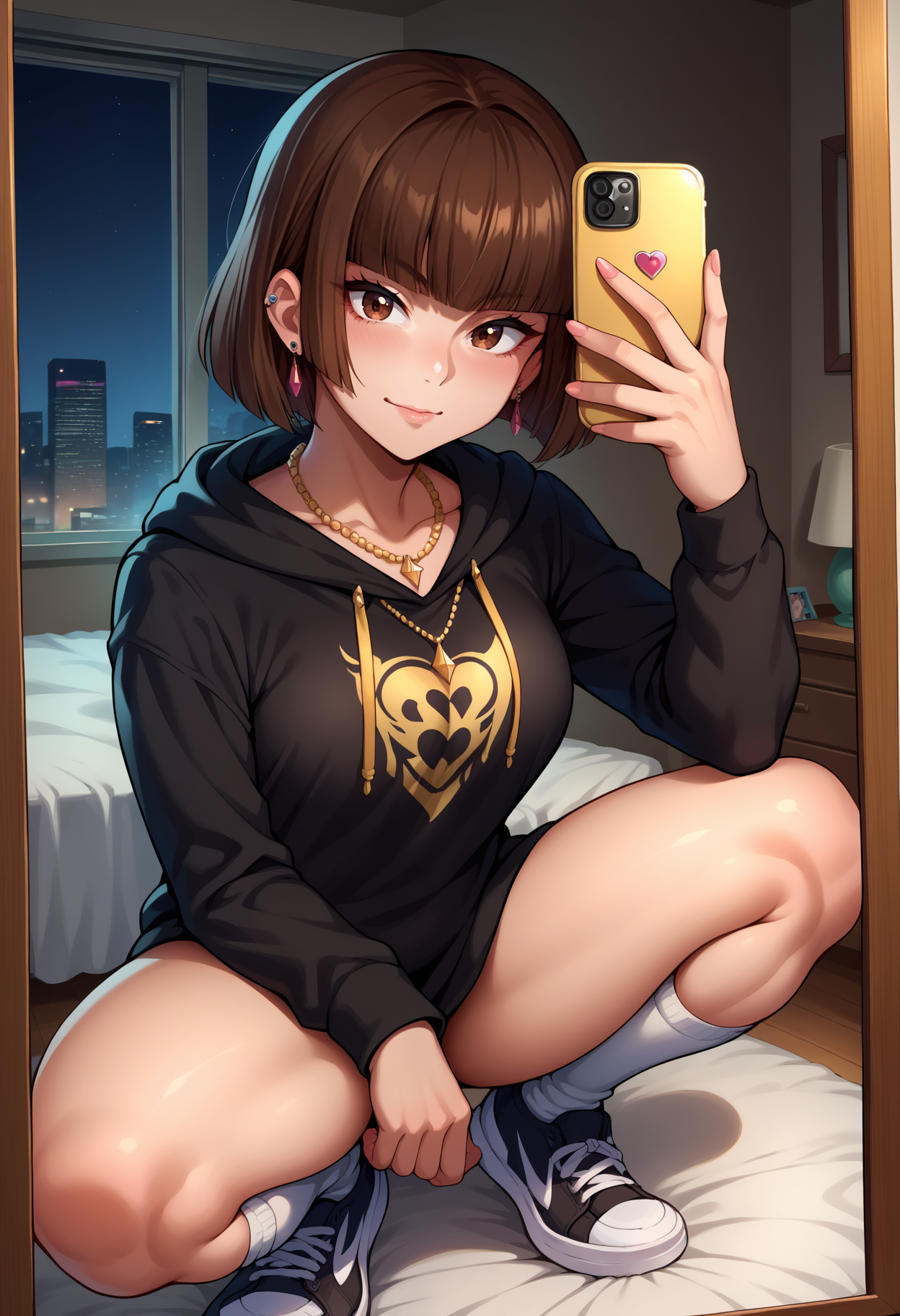 score_9, score_8_up,score_7_up, source_anime,1girl, solo, <lora:EPmhrRondine:1>,EPmhrRondine, short hair, brown eyes, blunt bangs, bob cut, brown hair,  necklace, ear piercing, black hoodie, white socks, kneehighs, sneakers, black sneakers, squatting, selfie, taking picture, mirror selfie, bedroom, bed, mirror, at a dark room, at night , city view from the window, gyaru,