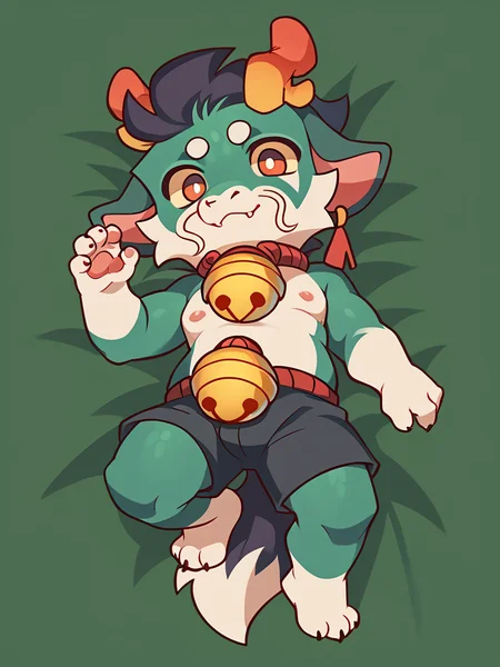 score_9, score_8_up, score_7_up, high quality, hires, male, solo, anthro, furry, topless, bell, on back, chibi, looking at viewer, full body, <lora:Greene:1>