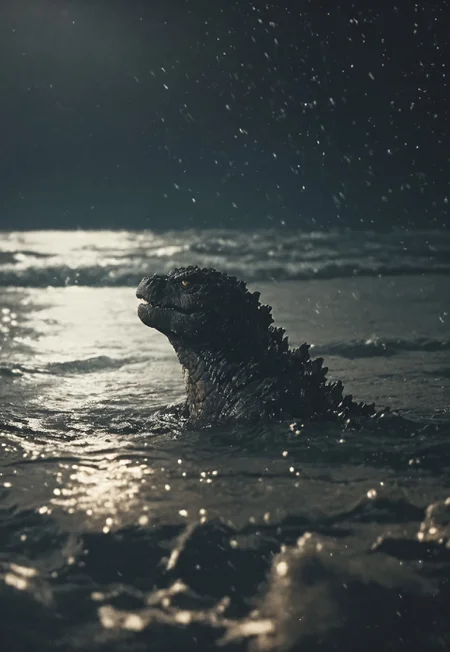 score_9, score_8_up, score_7_up, solo, portrait, giant dinosaur reptilian monster Godzilla, realistic scales, detailed scale texture, solo, outdoors, head surfacing from the ocean, partially submerged, wading through the water, solo, extremely detailed, Macro detailed realism style photograph, 3DMM