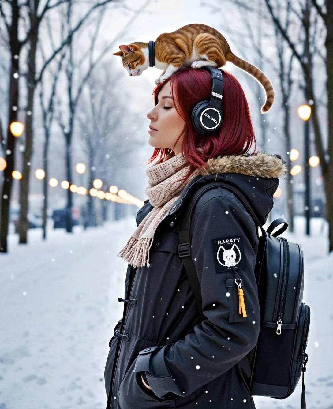 photorealism, 8k, hdr, realism, realistic, winter, snow, girl standing sideways, with eyes closed, in a jacket and with a briefcase, with a ginger cat on her head