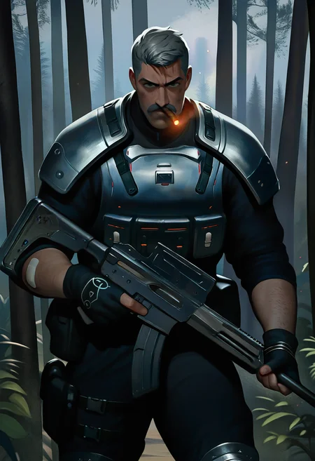 1boy, black-mustache, very-short-hair, grey-hair cigar, futuristic breastplate, khakis, knee-pads, shoulder-pads, dirty, fingerless-gloves, holding-assault-rifle, cowboy-shot, forest, masterpiece, best quality, newest, absurdres, highres <segment:hand//cid=11>masterpiece, best quality, newest, absurdres, highres, bandaid