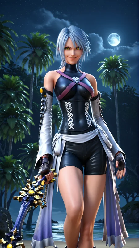 source_cartoon, source_anime, fantasy-style, (zPDXL), (((cowboy shot))), (((dynamic pose))), (((dynamic angle))), webtoon, anime, centered, sehele style, 1girl, 1woman, ((smirking)), aqua, holding black keyblade, threatening, (glowing yellow eyes), dark tanned skin, white hair, perfect hands, (((at night)), (((low light))), empty beach background, outdoors, <lora:sd_xl_dpo_lora_v1:1>, <lora:OMG-Is-DucHaiten_v1.0:0.1>, <lora:Seunghee_Lee_Style_PDXL:0.4>, <lora:ManhwaSDXL:0.8>,  <lora:AquaSDXL:0.8>