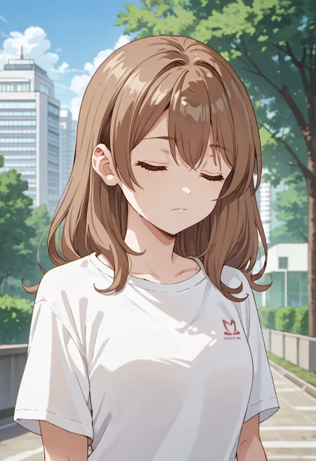 score_9, score_8_up, score_7_up, source_anime,maria mikhailovna kujou, brown hair, long hair, brown eyes, 1girl, solo, closed eyes, outdoors, shirt, tree, white shirt, building, upper body, closed mouth, day, sky, anime coloring