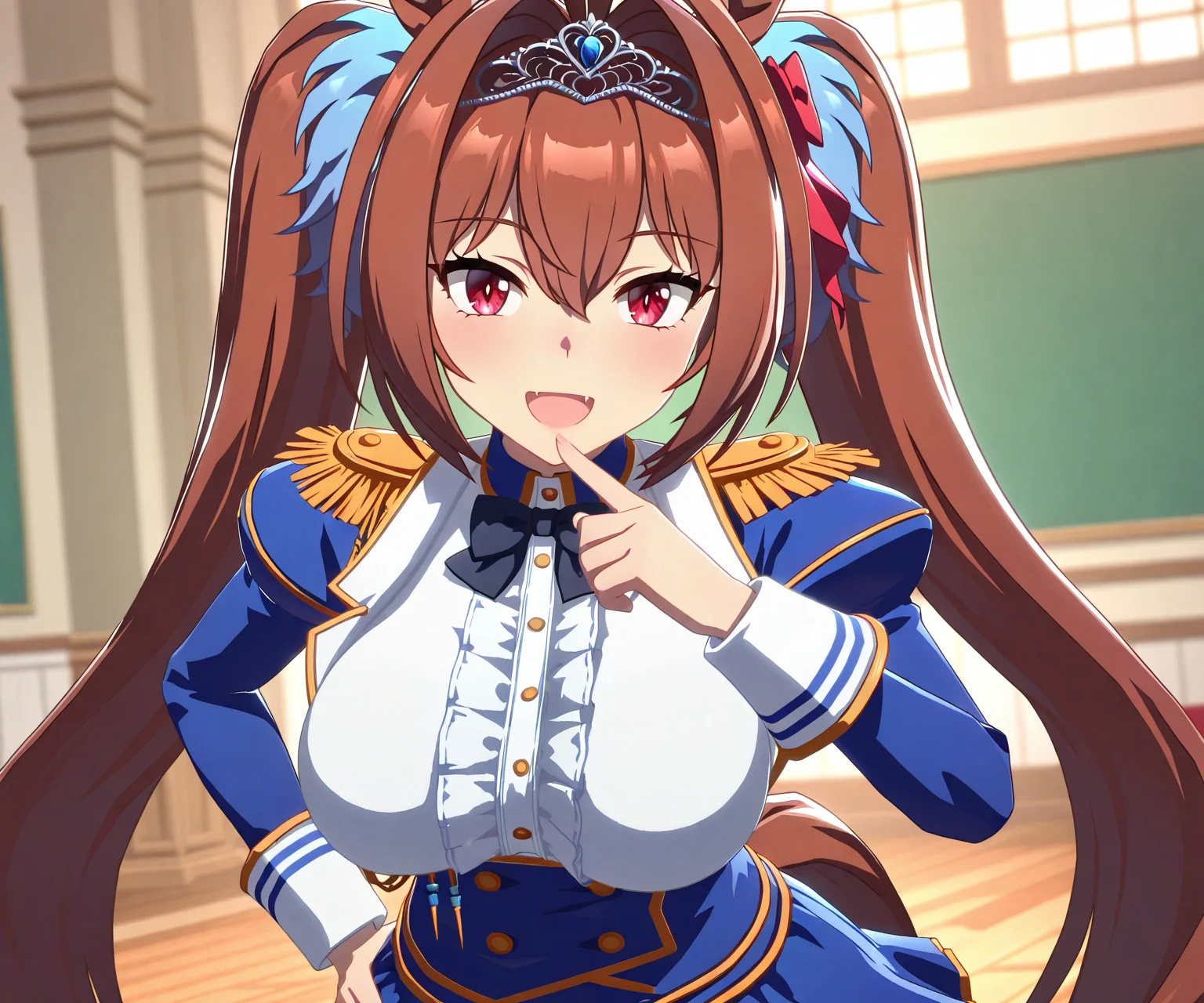 masterpiece, best quality, amazing quality, , 1girl, solo, looking at viewer, smile, open mouth, <lora:Daiwa Scarlet in game style 3D:1> ummsmingame, 3d, daiwa scarlet \(umamusume\),