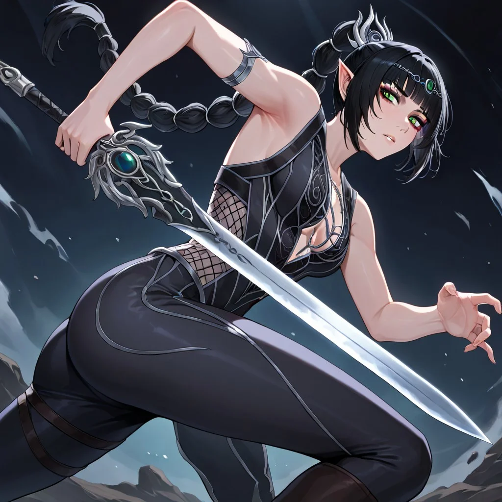 masterpiece, best quality, newest, absurdres, highres, DPWSV1.0, dynamic pose, holding sword, holding, holding weapon, weapon, sword,
1girl, shadowheart \(baldur's gate\), long braid, elf, pointy ears, black hair, braid, side bangs, green eyes,
