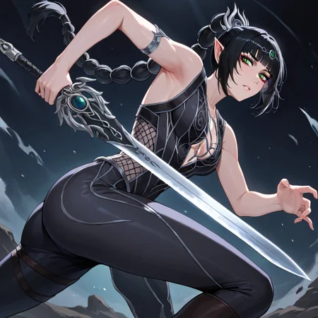 masterpiece, best quality, newest, absurdres, highres, DPWSV1.0, dynamic pose, holding sword, holding, holding weapon, weapon, sword,
1girl, shadowheart \(baldur's gate\), long braid, elf, pointy ears, black hair, braid, side bangs, green eyes,