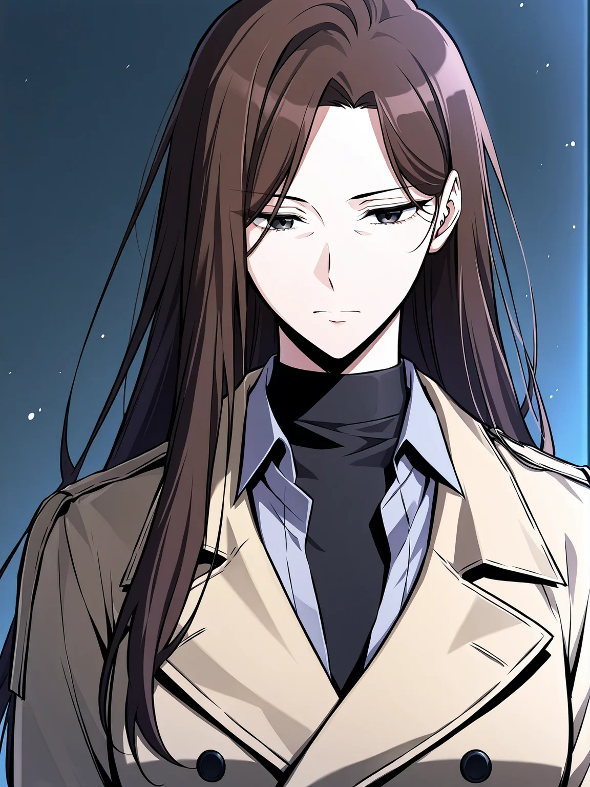 <lora:Omniscient_Readers_Viewpoint__Lee_Sookyun:1>
1 girl, solo, long hair, brown hair, straight hair, center parted hair, black eyes, 
beige trench coat, long coat, double breasted coat, tied waist belt, black undershirt, navy dress shirt, lavender pants, white slip-on shoes,
score_9, score_8_up, score_7_up, score_6_up, source_anime, rating_explicit, masterpiece, best quality, intricate details, gothic fantasy, upper body portrait, dramatic pose, confident gaze, cinematic lighting, clean background, glowing magical particles, detailed face, vibrant colors