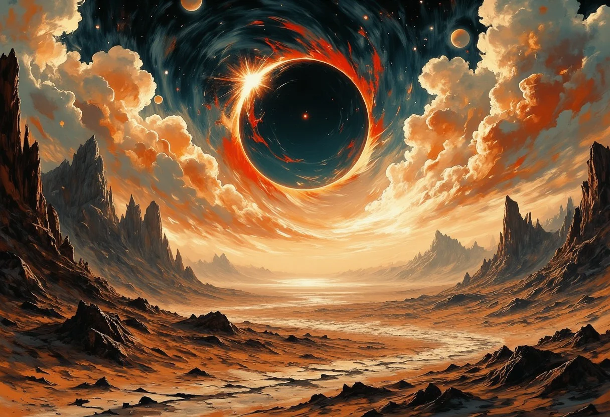 A barren open desert, cracked earth, tall dunes. The horizon stretches away and the land is lifeless. The sun is dark in an eclipse and hangs in the sky. Epic clouds frame the sky and give an ominous feeling to the scene. A red moon. Dramatic lighting on the features of the landscape. G0thicL1nes