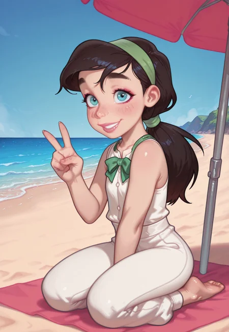 4k, fine detail, high quality eyes, masterpiece, best quality, amazing quality, geh1, 4s0r4, eigaka, possmach, artist:moriimee, 1 girl, solo girl, young, MelodyLM, melody, aqua eyes, black hair, ponytail, pink lips, lips, lipstick, makeup, thick eyebrows, human, white undershirt, white pantalettes, sleeveless, green bowtie, green hairband, barefoot, v, smile, blush, sitting on beach, upper body, umbrella, day