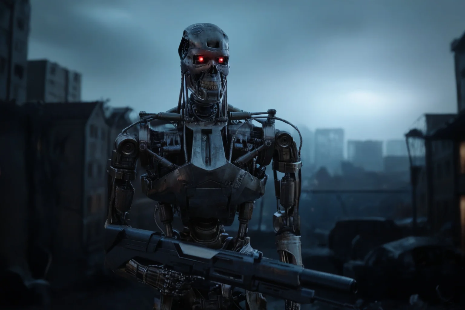 T800_Endo, Terminator robot, score_9, score_8_up, score_7_up, (source_IRL, source_movie), cinematic, realistic, masterpiece, high quality, highres RAW photo, ((upper body shot))
a T800_Endo Terminator Robot with red eyes, he is made of metal, <lora:T800_Endo_Terminator_Pony_v1:1>
(standing, holding a futuristic gun)
in a destroyed apocalyptic city, dark cloudy skies, Apocalyptic Landscape, destroyed city
dynamic lighting, highly detailed, intricate details, shadows, dark, at night