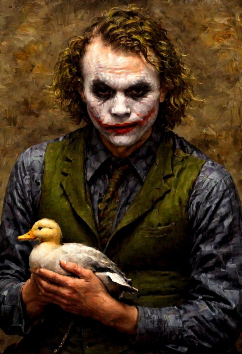 r3mbr4ndt, PEJoker, (old dark sharp fuzzy oil painting medium brush strokes:1.1) portrait of (The Joker:1.5), (holding a duck:1.5), green hair, rich textures, realistic facial expression, high detail, moody, vintage, brush strokes, oil paint, old canvas texture, Rembrandt Lighting Style