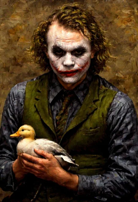 r3mbr4ndt, PEJoker, (old dark sharp fuzzy oil painting medium brush strokes:1.1) portrait of (The Joker:1.5), (holding a duck:1.5), green hair, rich textures, realistic facial expression, high detail, moody, vintage, brush strokes, oil paint, old canvas texture, Rembrandt Lighting Style