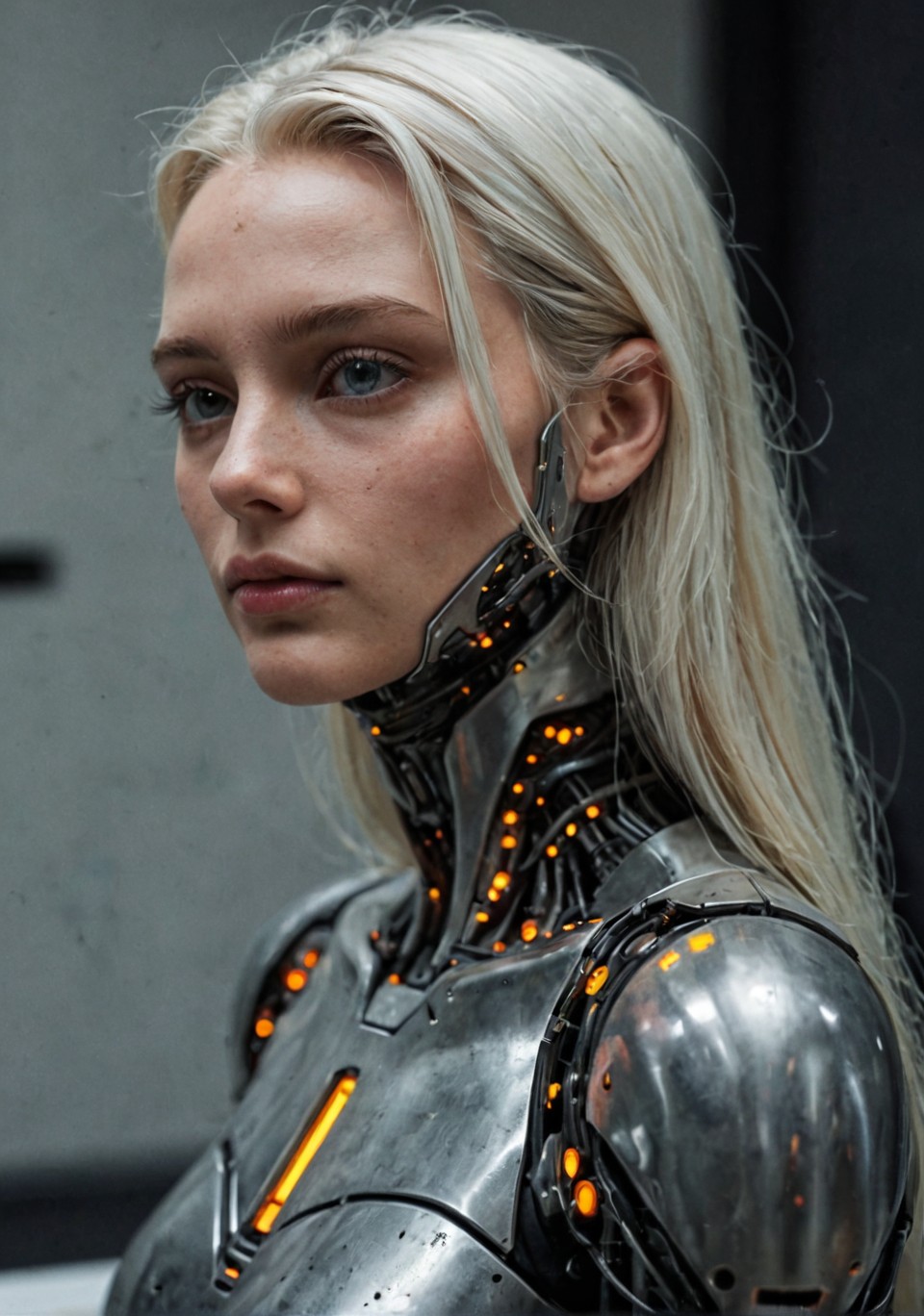 digital artwork of a futuristic, cyberpunk-styled female android with pale skin, long white hair, and large, expressive eyes. She wears a form-fitting, high-tech bodysuit with exposed, intricately designed mechanical parts, revealing ample cleavage. The background is a solid, bright yellow, contrasting with her monochromatic attire. The lighting is even, highlighting her sleek, metallic textures. The image is a close-up, side profile, emphasizing her elegant, yet robotic appearance. EZRealPONYXL metallicity