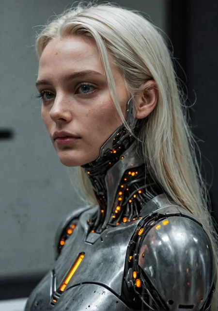 digital artwork of a futuristic, cyberpunk-styled female android with pale skin, long white hair, and large, expressive eyes. She wears a form-fitting, high-tech bodysuit with exposed, intricately designed mechanical parts, revealing ample cleavage. The background is a solid, bright yellow, contrasting with her monochromatic attire. The lighting is even, highlighting her sleek, metallic textures. The image is a close-up, side profile, emphasizing her elegant, yet robotic appearance. EZRealPONYXL metallicity