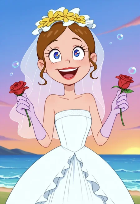 detailed background, solo, 1girl, FtpdMermaid, human, red lipstick, brown hair let down, blue and white wedding dress, white bridal veil, purple gloves, yellow flower on veil, holding Bucay of roses in hand, happy, (((expressive))), head movement, solo, ((body movement, hand movement)), wedding, wedding scenery, outdoors, on hill, ocean in background, beautiful sky, scenery, bubbles, detailed scenery, masterpiece, best quality, amazing quality, absurdres, newest, high res, ultra detailed, best quality, best artwork, detailed eyes, (eyes focus), perfect eyes, big iris, pupils visible, 4k, ultra quality, perfect face