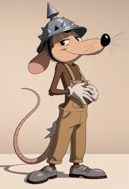 score_9, score_7_up, (masterpiece, extremely detailed, source_photo), solo focus, male, Werner Werman, mouse, anthropomorphic mouse, black eyes, brown fur, whiskers, pointy nose, spiked helmet, rat tail, light brown overalls, lederhosen, grey footwear, grey shoes, perfect hands, white gloves, gloves, full-length portrait, skinny, petite, smile, half-closed eyes, smug, looking at viewer, flirty, sexy pose, photorealistic, pattern background, shadow, shading, realistic, bandaged tail