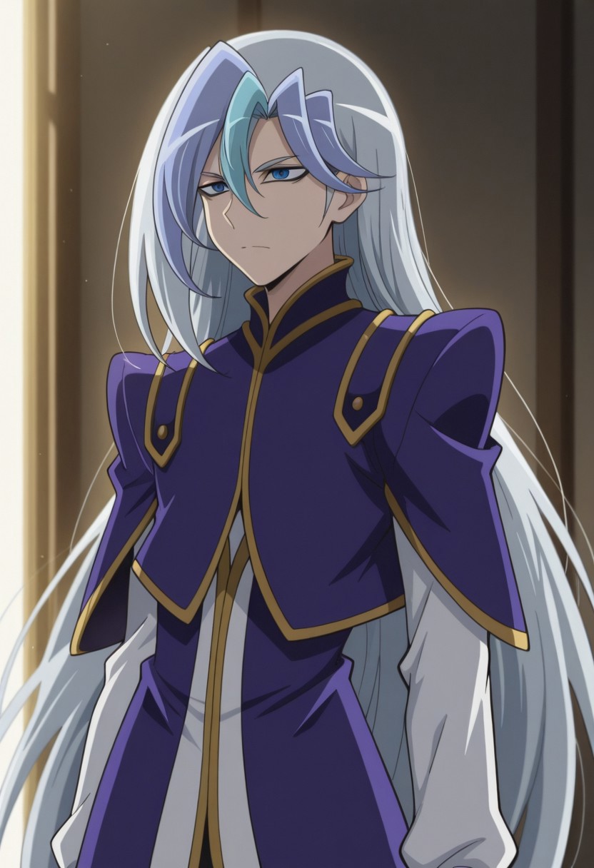masterpiece,best quality,amazing quality, source_anime, 
chrisArclight, 1boy, male focus, solo, blue eyes, multicolored hair, grey hair, blue hair, long hair, shirt, white shirt, coat, purple coat, short over long sleeves,