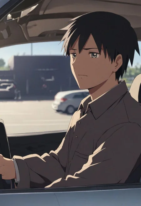 Highres, Masterpiece, High Quality, 4K, 8K, solo, 1Boy, Takaki Toono, adult, black hair, short hair, driving a car, in a car, parking lot, concentration, serious, focused, tired, cheerful, sunny weather, easynegative, detailed_eye_model
