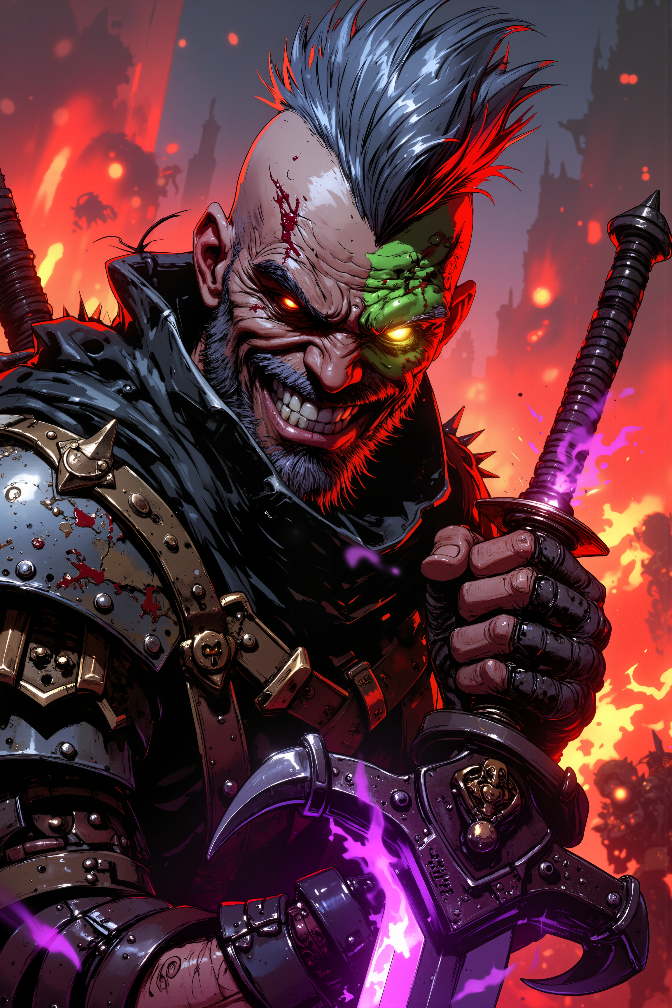 A wild-eyed warrior with a jagged, glowing scar running across his face glares directly at the viewer, his grin revealing jagged, cyber-enhanced teeth. His skin is a patchwork of metallic implants and rough, weathered flesh, glowing veins of neon green coursing beneath the surface. His spiked, silver mohawk is illuminated by the pulsing red light of a nearby cybernetic cityscape, casting sharp shadows across his angular features. One eye is cybernetic, a glowing red lens scanning frantically, while the other gleams with feral intensity, hinting at barely-contained madness. His jagged, bloodstained shoulder plates are a mix of steel and bone, adorned with trophies of his victories, including a still-sparking cyber-arm. Behind him, the chaotic blur of a cyber-fantasy battlefield can be seen, with glowing, rune-covered drones and shadowy figures locked in combat. His gloved hand grips the hilt of a massive, serrated blade glowing faintly with violet energy, while sparks fly from the claw-like prosthetic that makes up his left arm. The air around him shimmers with heat and distortion, suggesting some sort of energy field radiating from his body. His expression is one of unhinged glee, as though he lives for the chaos and destruction that surrounds him. , detailed background  Fantastic lighting. Detailed shadows.intricate details, vivid colors, hyper-detailed, ultra-sharp, High resolution, high detail. Highly detailed. , <lora:Ev_Ganin:0.4><lora:Vintage comic book:0.4><lora:RetroAnimeFluxV1:0.15><lora:Greg_Capullo_style:0.4><lora:jeanClaude_Mzires_Style_FLUX-000001:0.4><lora:Flux_Ink_Anime:0.4>